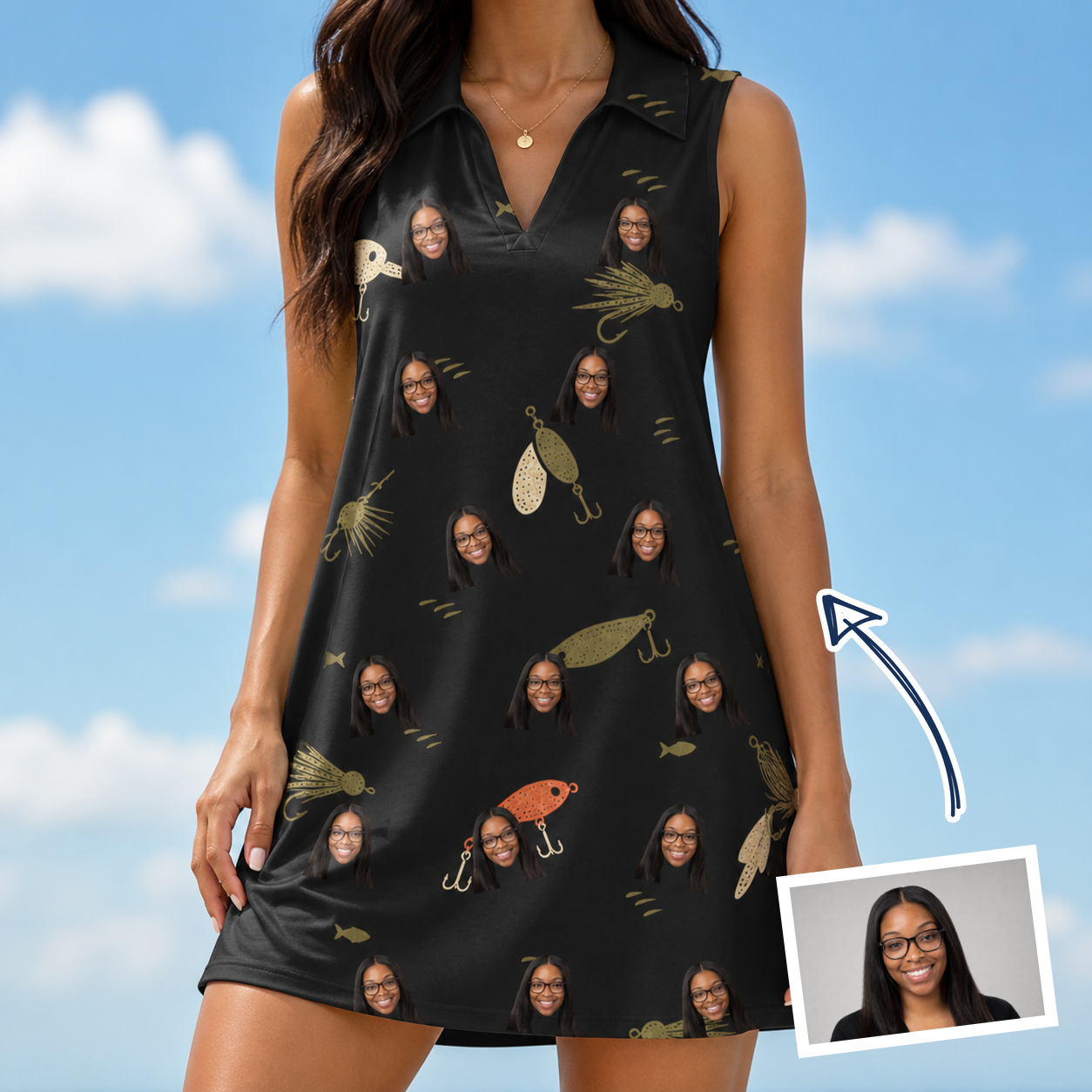 Woman wearing Women's Tackle Tangle Custom Face V-Neck Dress — custom faces printed all-over