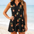 Model wearing Women's Tackle Tangle Custom Face V-Neck Dress printed with kids' faces