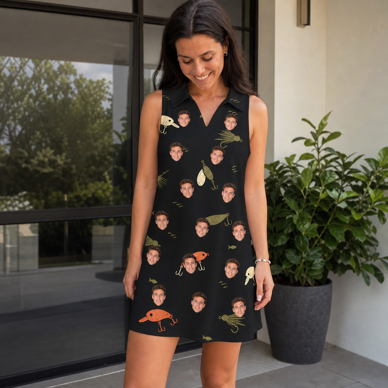 Real-life photo of someone wearing Women's Tackle Tangle Custom Face V-Neck Dress — custom faces printed all-over