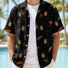Man wearing Men's Tackle Tangle Custom Face Hawaiian Shirt open over a white tee