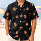 Model wearing Men's Tackle Tangle Custom Face Hawaiian Shirt printed with kids' faces