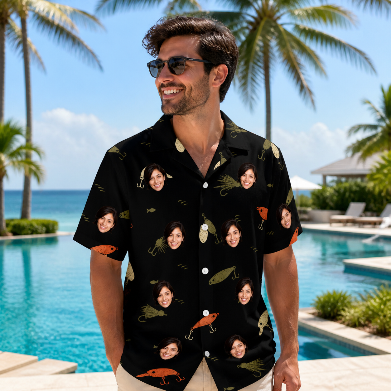 Real-life photo of someone wearing Men's Tackle Tangle Custom Face Hawaiian Shirt — custom faces printed all-over