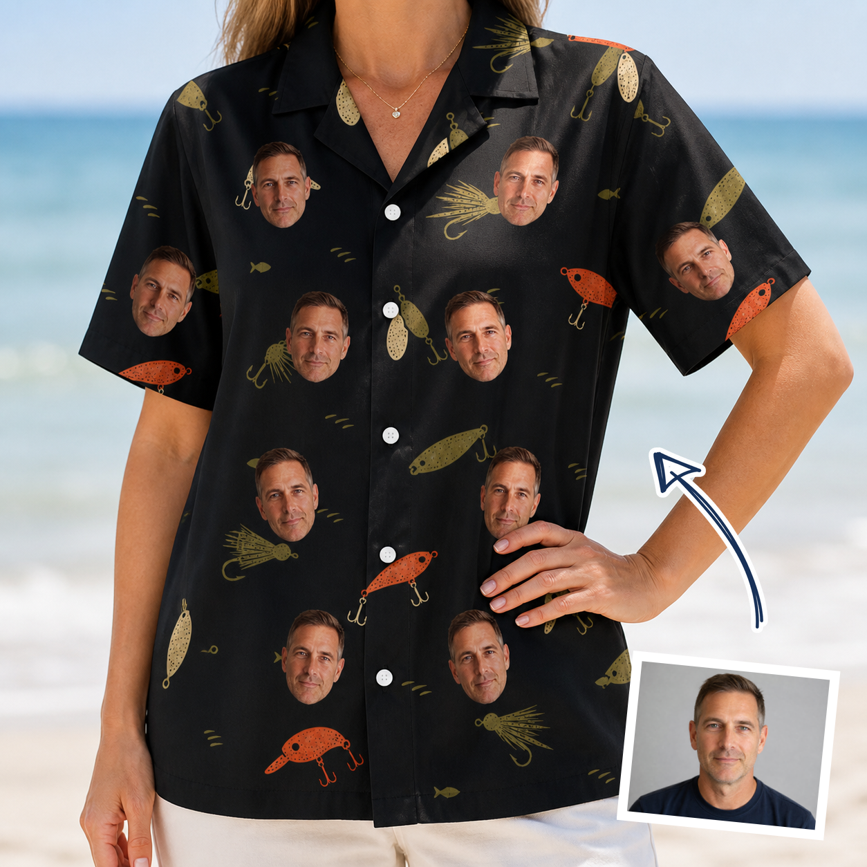 Woman wearing Women's Tackle Tangle Custom Face Hawaiian Shirt — custom faces printed all-over
