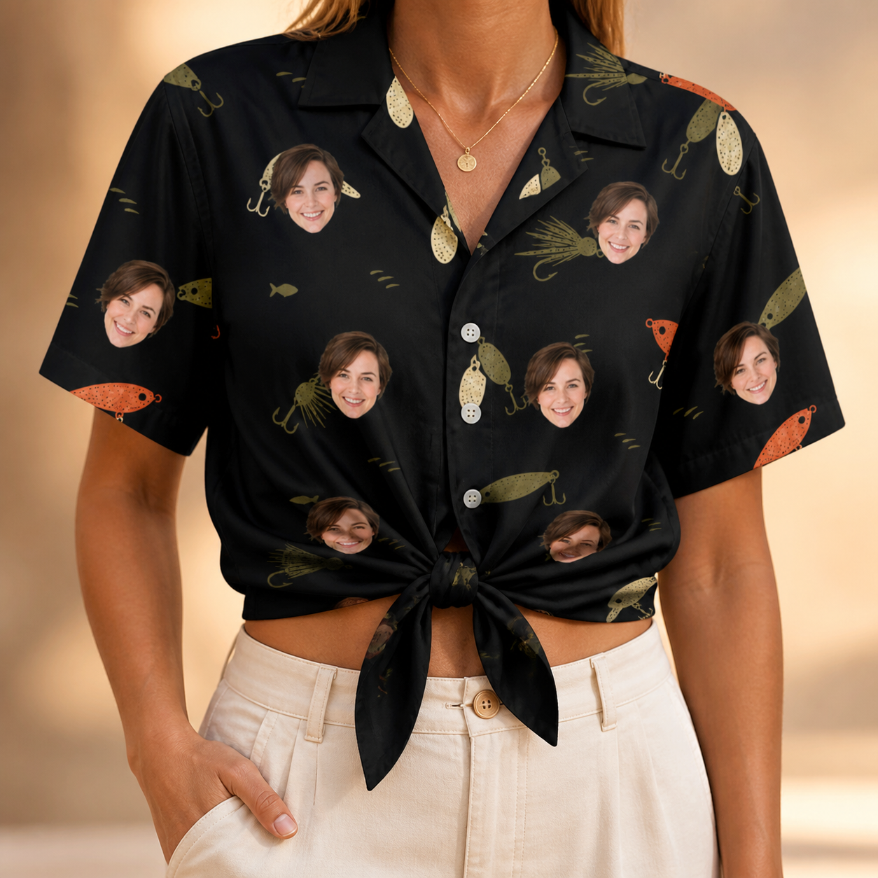 Woman wearing Women's Tackle Tangle Custom Face Hawaiian Shirt tied at the waist