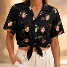 Woman wearing Women's Tackle Tangle Custom Face Hawaiian Shirt tied at the waist