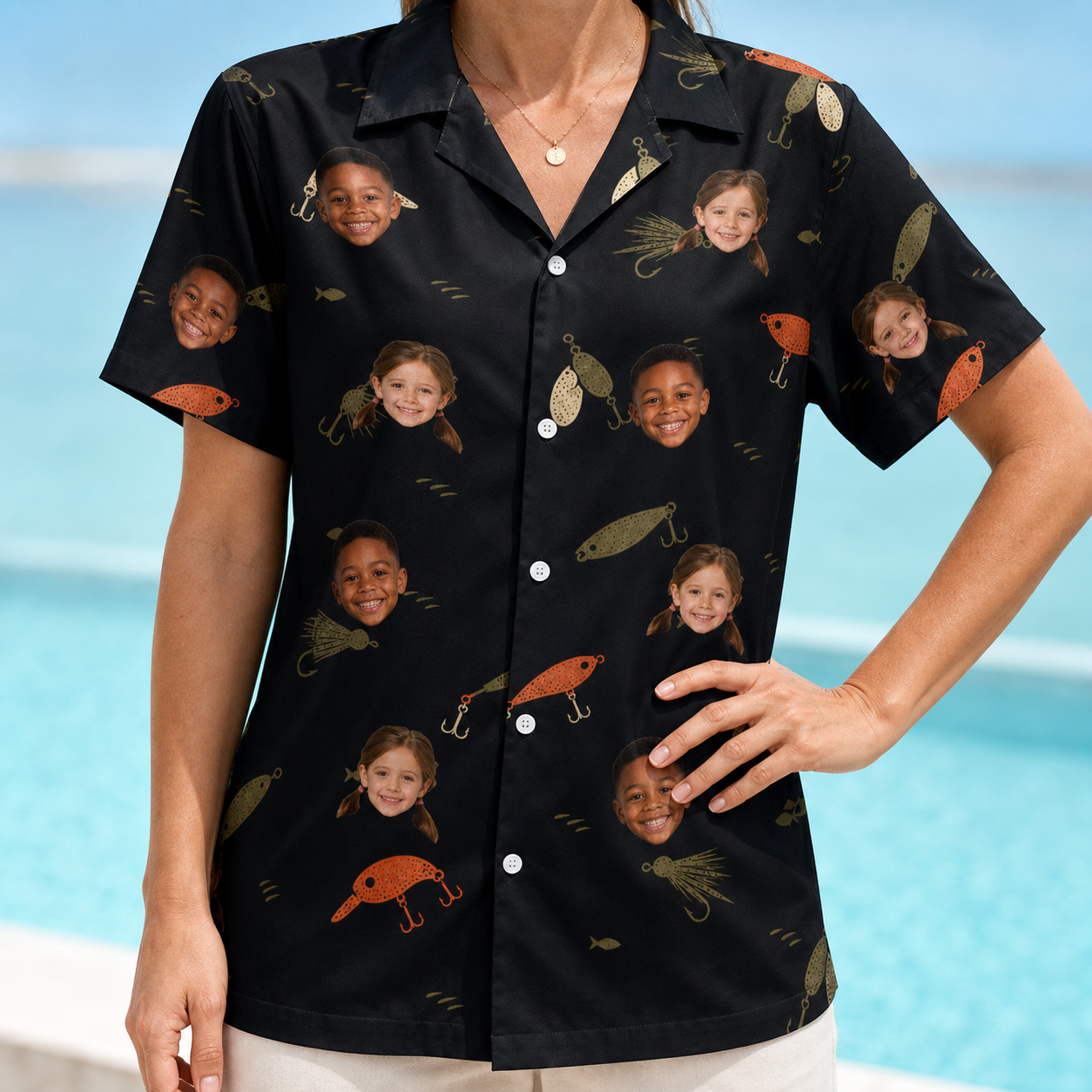 Model wearing Women's Tackle Tangle Custom Face Hawaiian Shirt printed with kids' faces