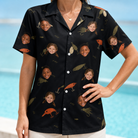 Model wearing Women's Tackle Tangle Custom Face Hawaiian Shirt printed with kids' faces