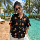 Real-life photo of someone wearing Women's Tackle Tangle Custom Face Hawaiian Shirt — custom faces printed all-over