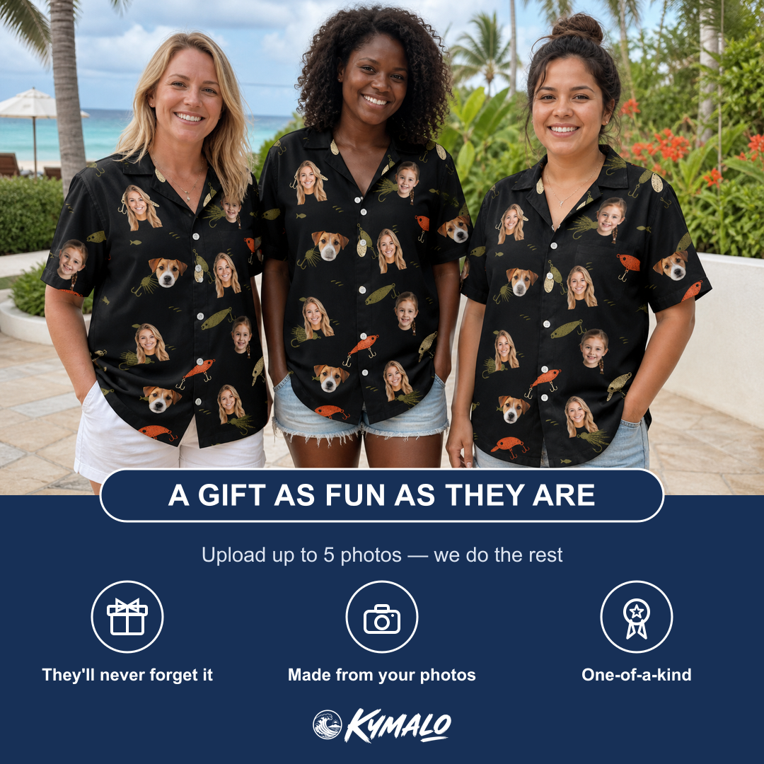 Friends in matching Women's Tackle Tangle Custom Face Hawaiian Shirt — a group gift photo