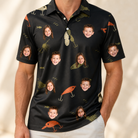 Model wearing Men's Tackle Tangle Custom Face Polo Shirt printed with kids' faces