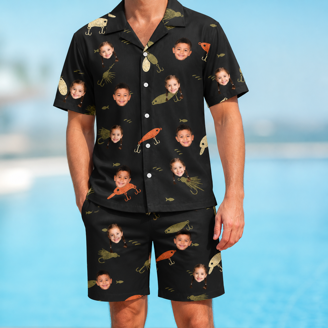 Model wearing Men's Tackle Tangle Custom Face Shirt & Shorts Set printed with kids' faces