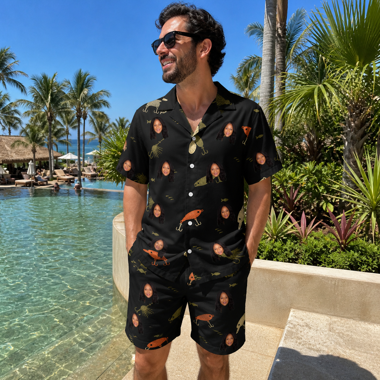 Real-life photo of someone wearing Men's Tackle Tangle Custom Face Shirt & Shorts Set — custom faces printed all-over