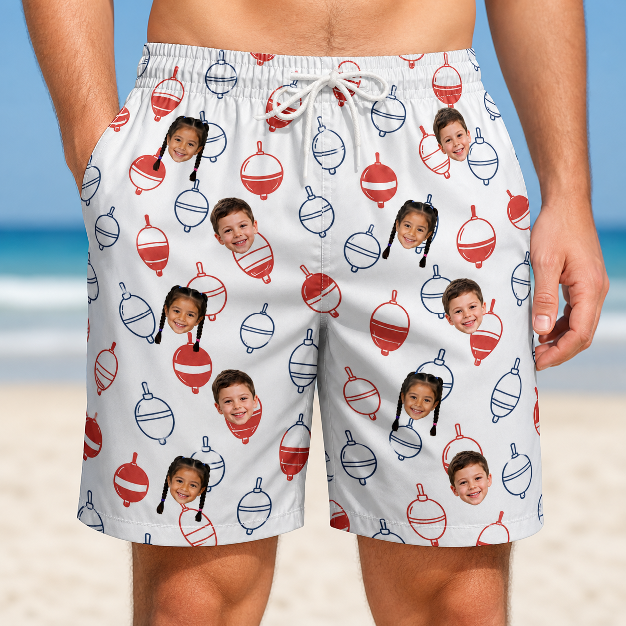 Model wearing Men's Bobber Bop Custom Face Beach Shorts printed with kids' faces