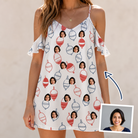 Woman wearing Women's Bobber Bop Custom Face Off-Shoulder Dress — custom faces printed all-over