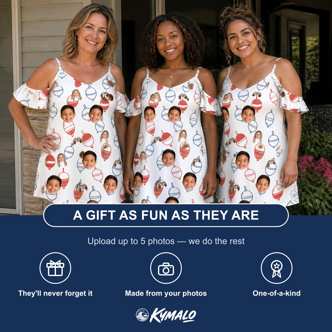 Friends in matching Women's Bobber Bop Custom Face Off-Shoulder Dress — a group gift photo
