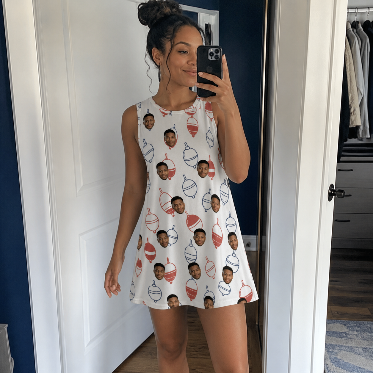 Real-life photo of someone wearing Women's Bobber Bop Custom Face Tank Dress — custom faces printed all-over