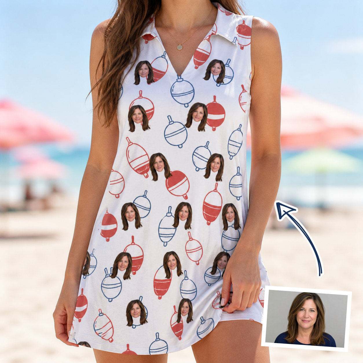 Woman wearing Women's Bobber Bop Custom Face V-Neck Dress — custom faces printed all-over
