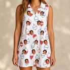 Model wearing Women's Bobber Bop Custom Face V-Neck Dress printed with kids' faces