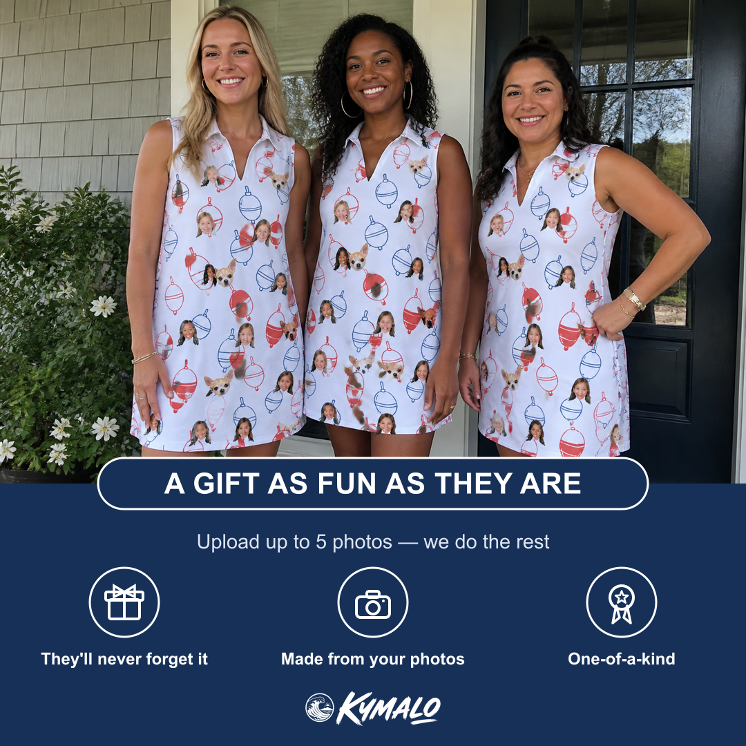 Friends in matching Women's Bobber Bop Custom Face V-Neck Dress — a group gift photo