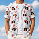 Man wearing Men's Bobber Bop Custom Face Hawaiian Shirt open over a white tee