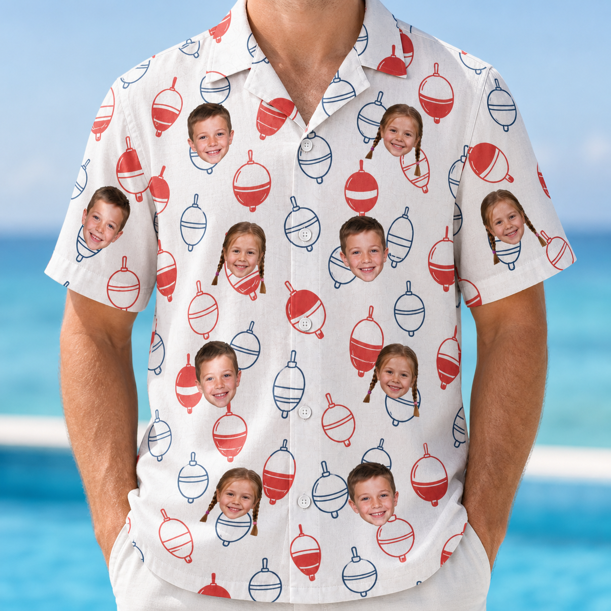 Model wearing Men's Bobber Bop Custom Face Hawaiian Shirt printed with kids' faces