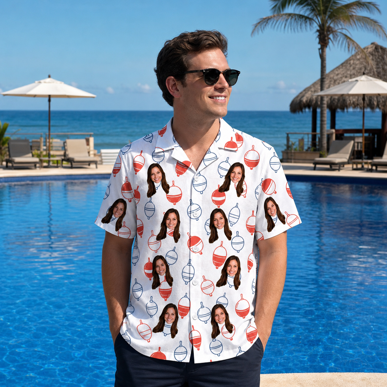 Real-life photo of someone wearing Men's Bobber Bop Custom Face Hawaiian Shirt — custom faces printed all-over