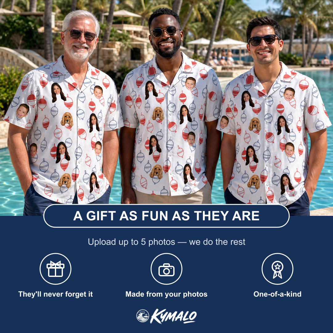 Friends in matching Men's Bobber Bop Custom Face Hawaiian Shirt — a group gift photo