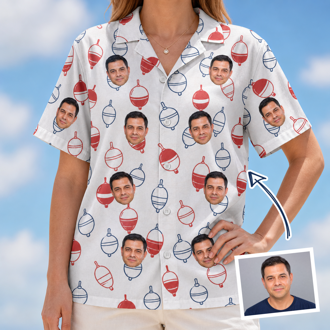 Woman wearing Women's Bobber Bop Custom Face Hawaiian Shirt — custom faces printed all-over