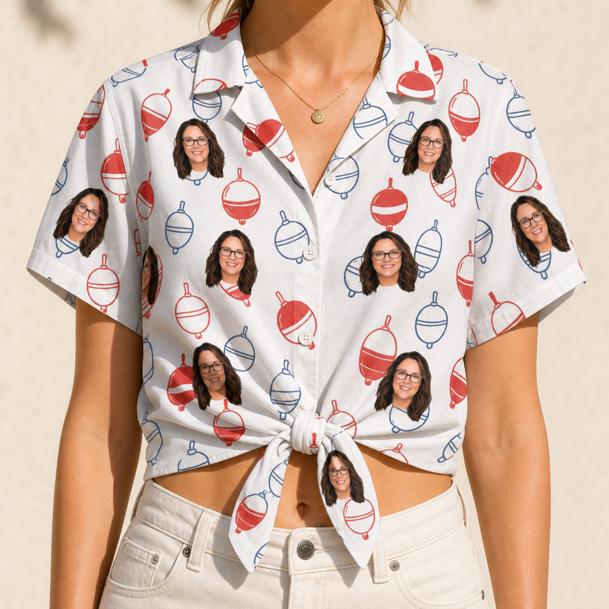 Woman wearing Women's Bobber Bop Custom Face Hawaiian Shirt tied at the waist