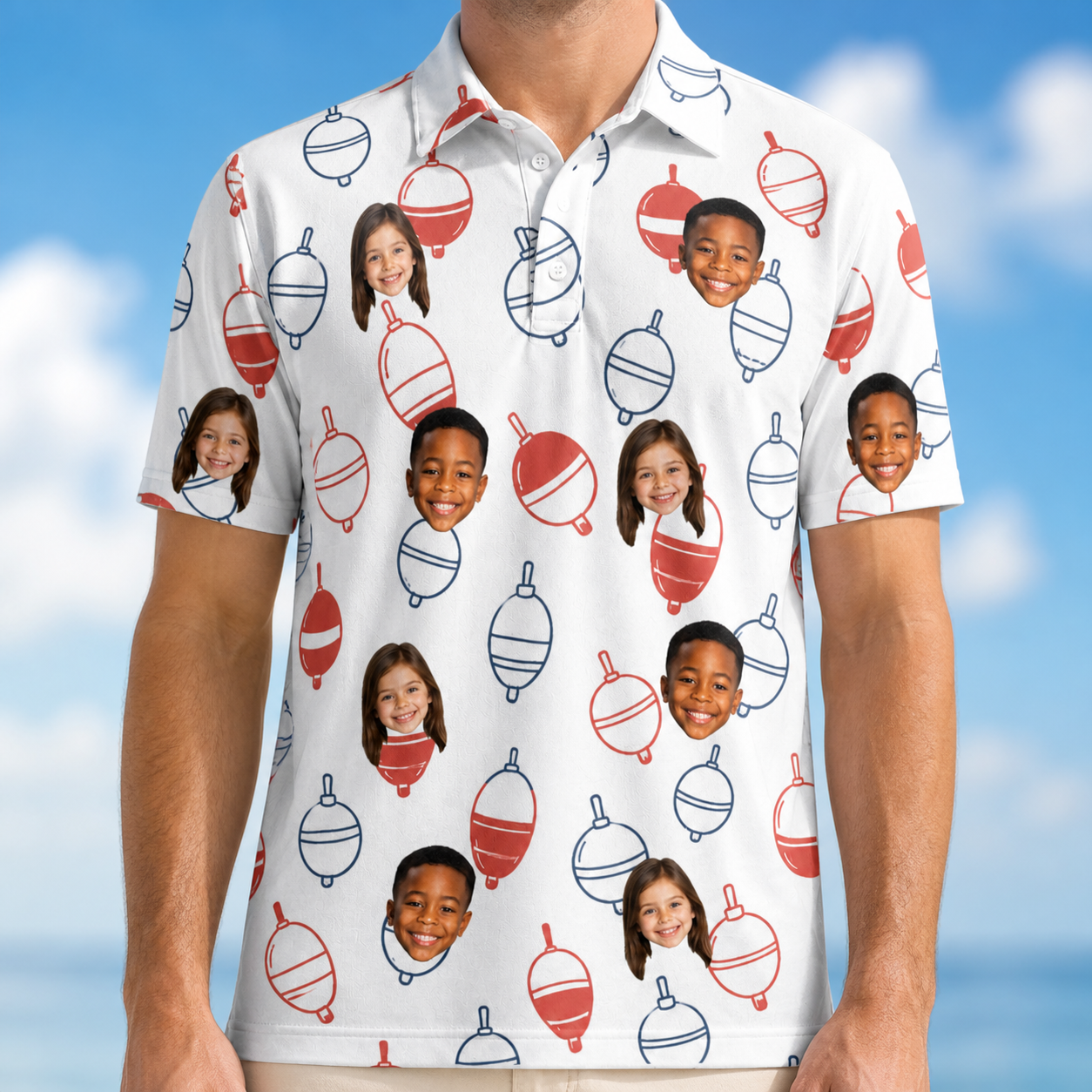 Model wearing Men's Bobber Bop Custom Face Polo Shirt printed with kids' faces