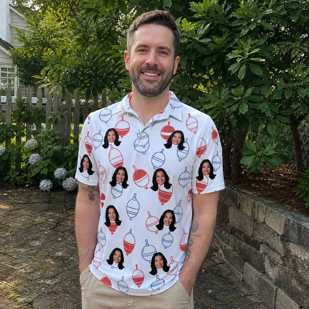 Real-life photo of someone wearing Men's Bobber Bop Custom Face Polo Shirt — custom faces printed all-over