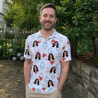 Real-life photo of someone wearing Men's Bobber Bop Custom Face Polo Shirt — custom faces printed all-over