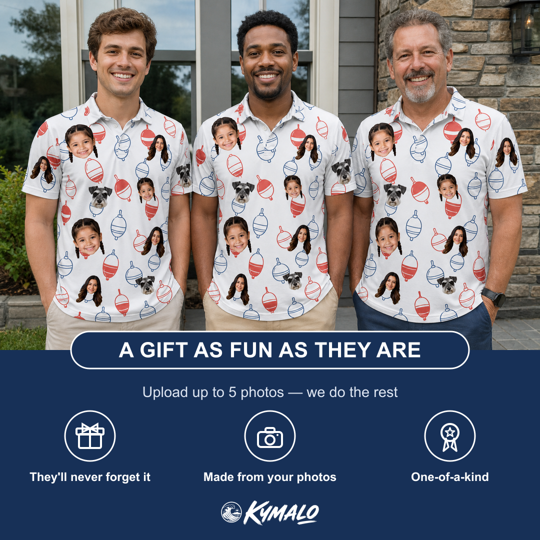 Friends in matching Men's Bobber Bop Custom Face Polo Shirt — a group gift photo