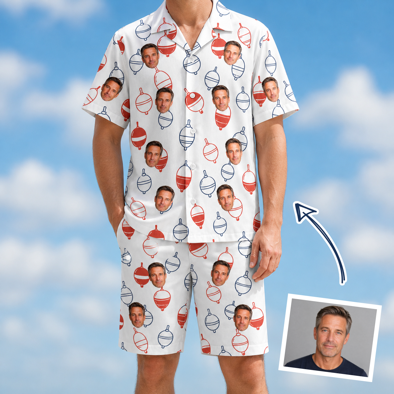 Man wearing Men's Bobber Bop Custom Face Shirt & Shorts Set — custom faces printed all-over