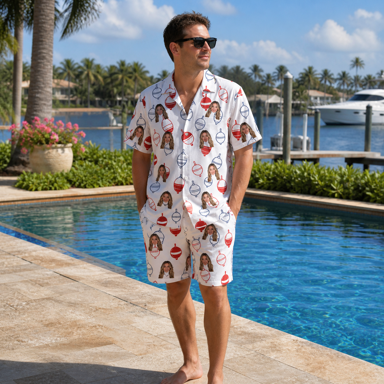 Real-life photo of someone wearing Men's Bobber Bop Custom Face Shirt & Shorts Set — custom faces printed all-over