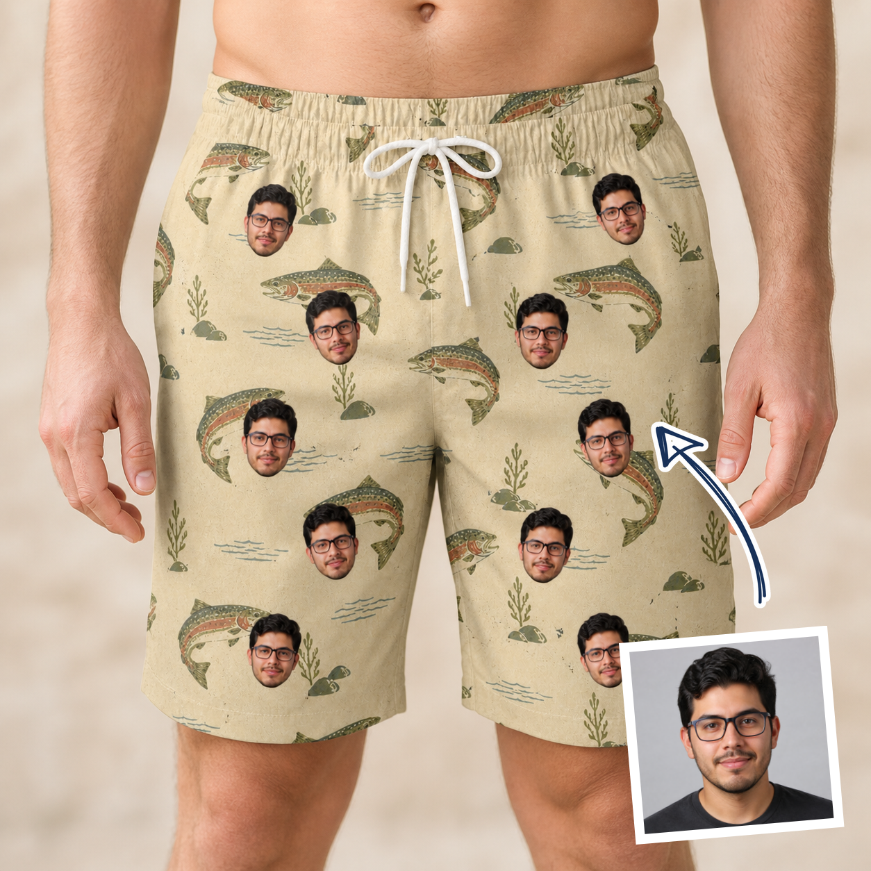 Man wearing Men's Trout About Custom Face Beach Shorts — custom faces printed all-over