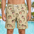 Model wearing Men's Trout About Custom Face Beach Shorts printed with kids' faces