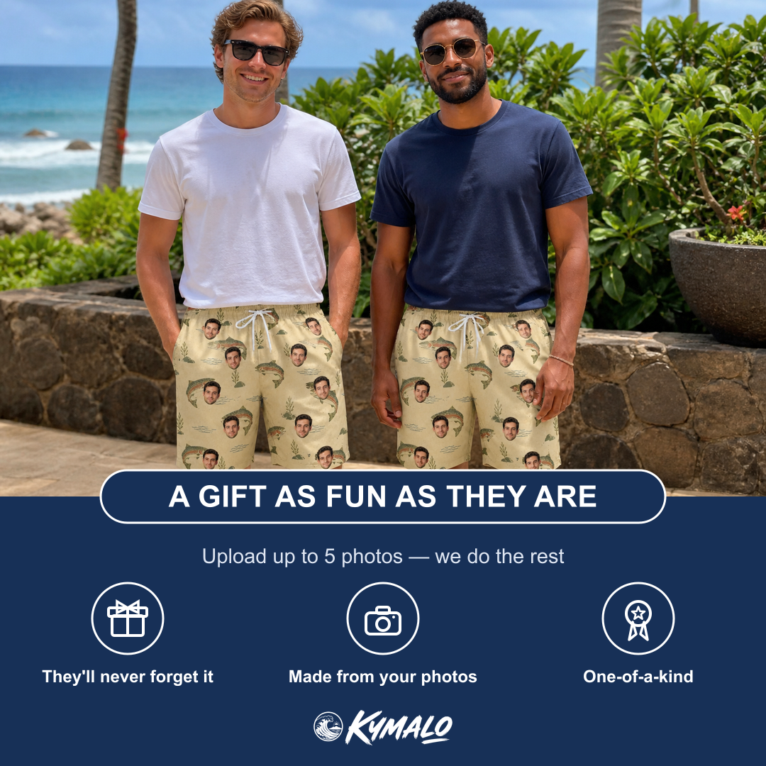 Friends in matching Men's Trout About Custom Face Beach Shorts — a group gift photo