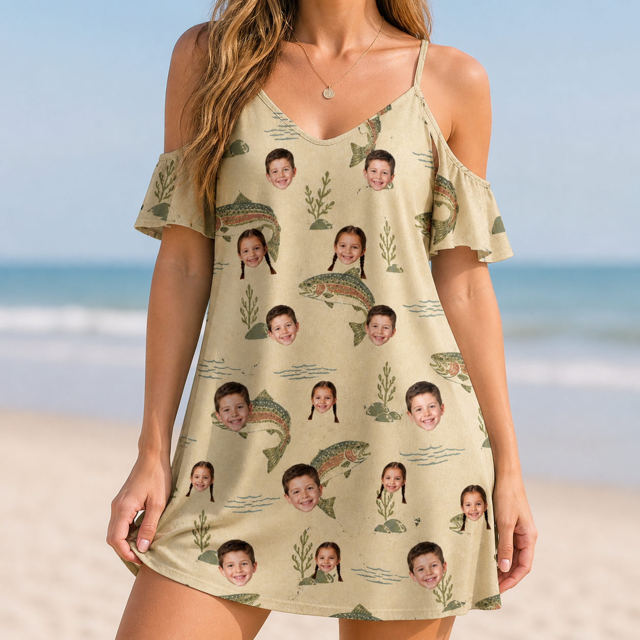 Model wearing Women's Trout About Custom Face Off-Shoulder Dress printed with kids' faces