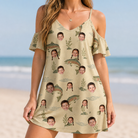 Model wearing Women's Trout About Custom Face Off-Shoulder Dress printed with kids' faces