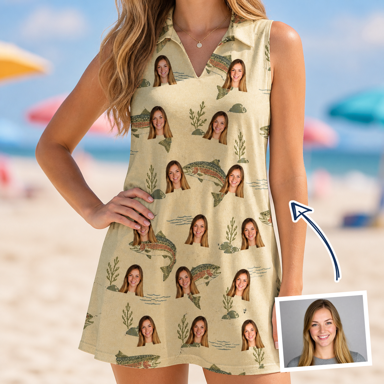 Woman wearing Women's Trout About Custom Face V-Neck Dress — custom faces printed all-over