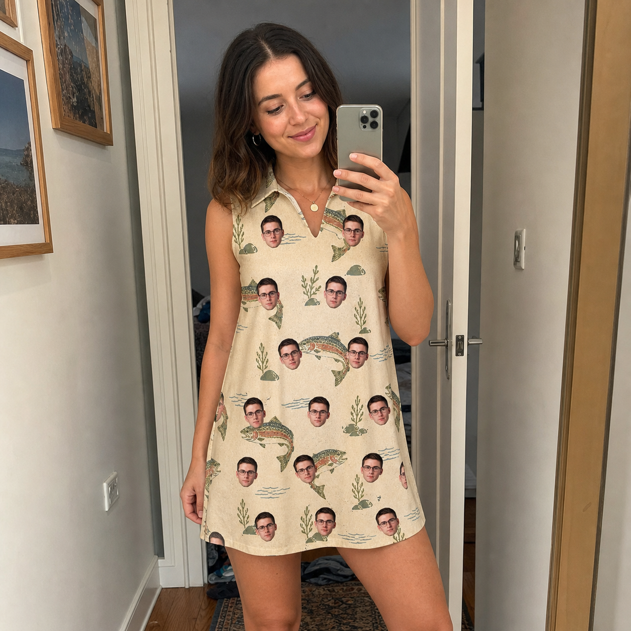 Real-life photo of someone wearing Women's Trout About Custom Face V-Neck Dress — custom faces printed all-over