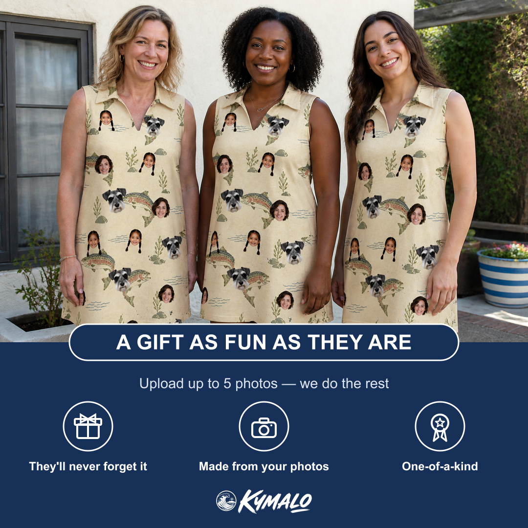 Friends in matching Women's Trout About Custom Face V-Neck Dress — a group gift photo