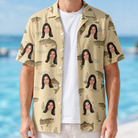 Man wearing Men's Trout About Custom Face Hawaiian Shirt open over a white tee