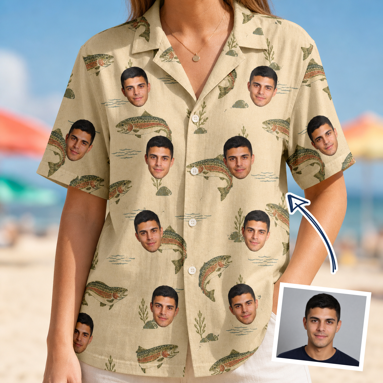 Woman wearing Women's Trout About Custom Face Hawaiian Shirt — custom faces printed all-over