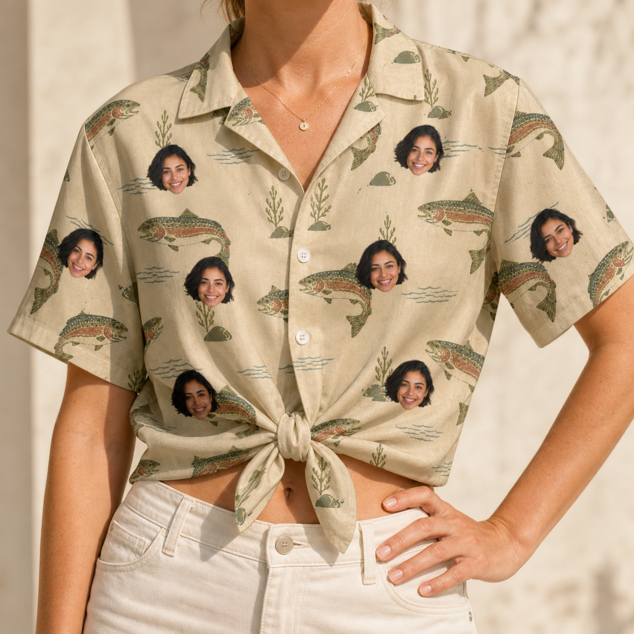 Woman wearing Women's Trout About Custom Face Hawaiian Shirt tied at the waist