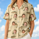 Model wearing Women's Trout About Custom Face Hawaiian Shirt printed with kids' faces