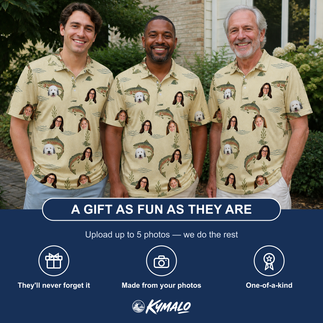 Friends in matching Men's Trout About Custom Face Polo Shirt — a group gift photo