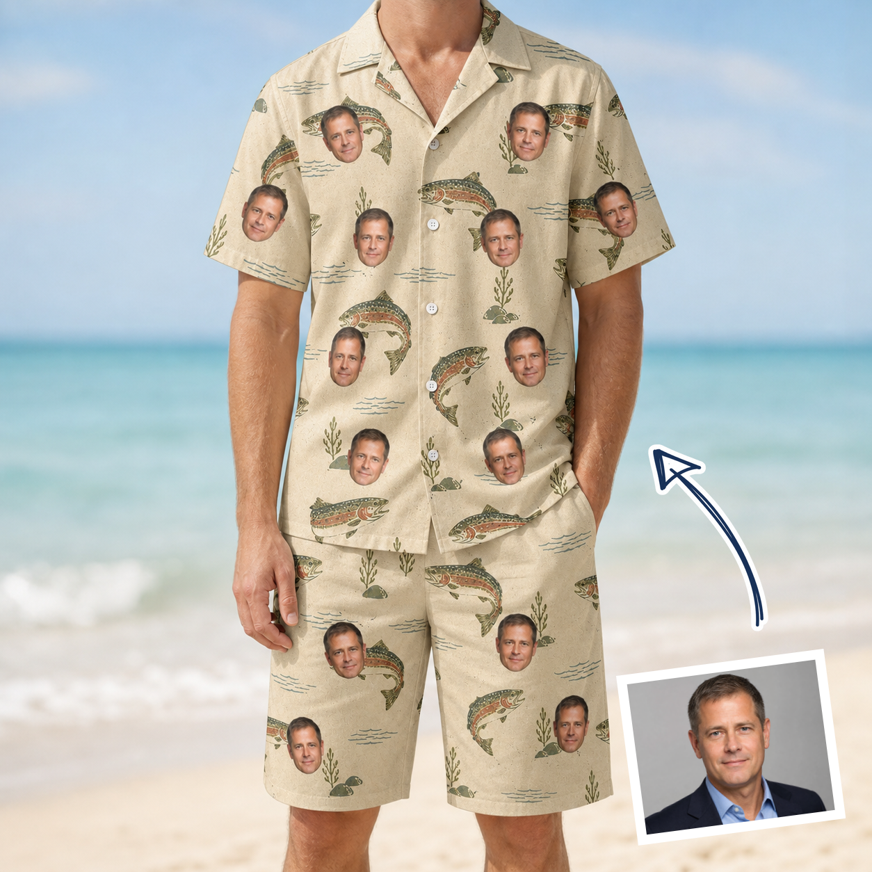 Man wearing Men's Trout About Custom Face Shirt & Shorts Set — custom faces printed all-over