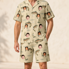 Model wearing Men's Trout About Custom Face Shirt & Shorts Set printed with kids' faces